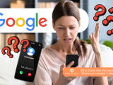 Frustrated user holding a phone with an unknown caller display, featuring the Google logo and blog title regarding Google Caller ID errors