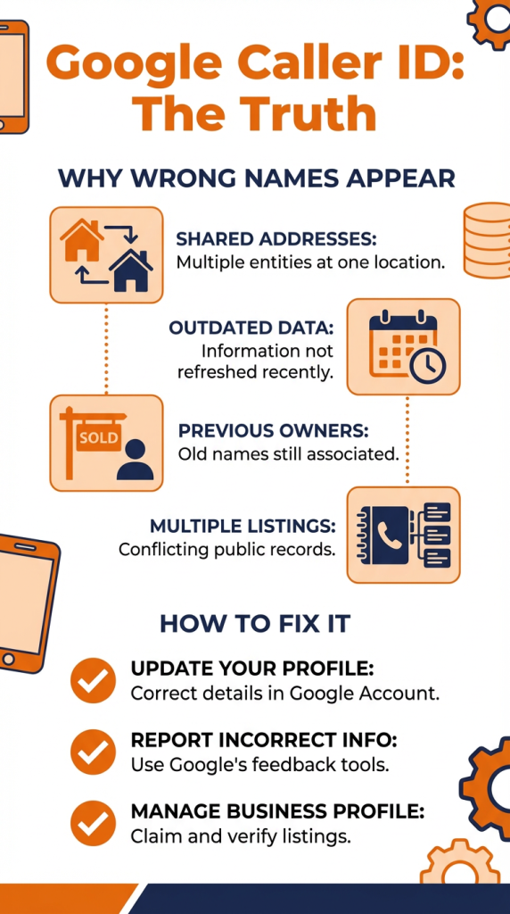 An infographic titled 'Google Caller ID: The Truth' explaining why wrong names appear and how to fix them. Reasons include shared addresses, outdated data, previous owners, and multiple listings. Solutions listed are updating your Google profile, reporting incorrect info, and managing your Business Profile.