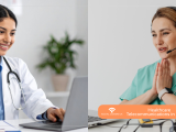 A doctor in a white lab coat working on a laptop alongside a healthcare telecommunications agent wearing a headset. Text overlay: 'Healthcare Telecommunications in the UK