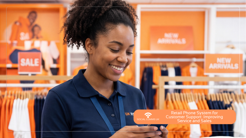 A smiling female retail worker in a navy blue polo shirt looking down at her smartphone inside a clothing store with orange signage.