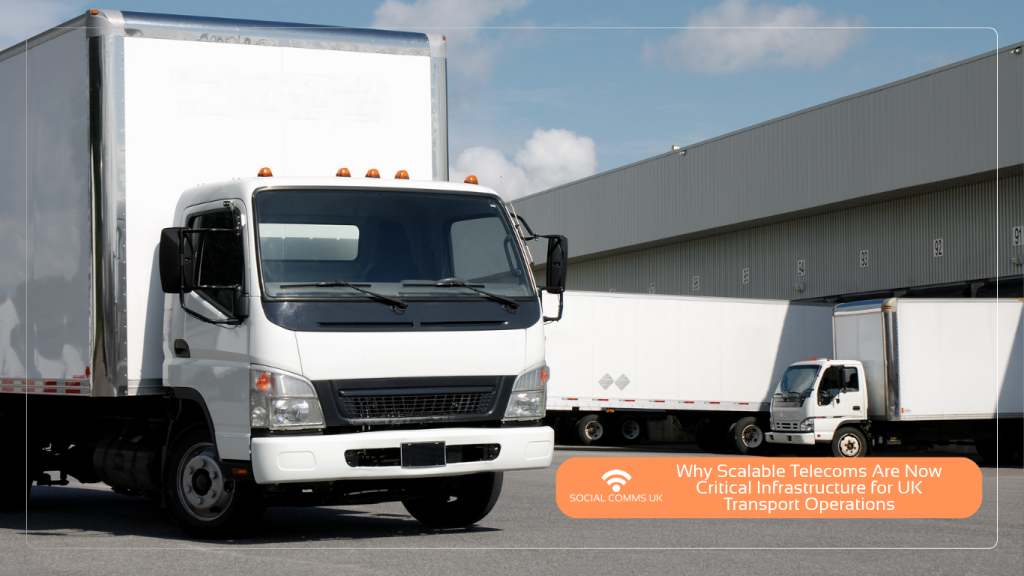 A white commercial delivery truck parked in the foreground of a large logistics warehouse facility, with a smaller white box truck parked at a loading bay in the background.