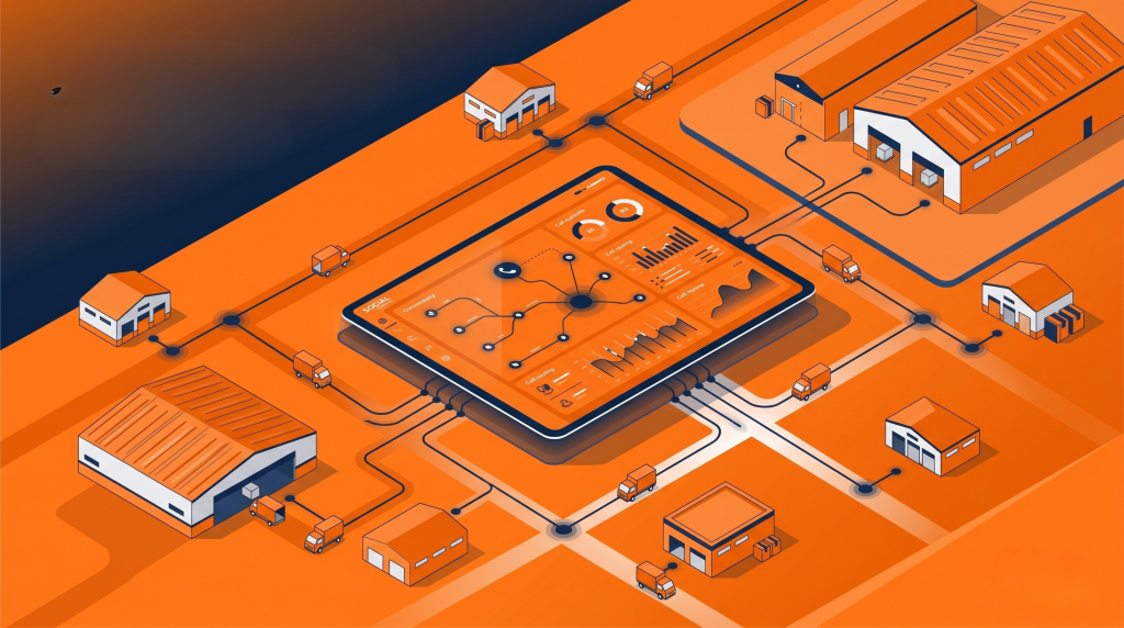 An isometric vector illustration in orange and dark blue showing a central digital tablet displaying a network data dashboard, connected by lines to various warehouse buildings and delivery trucks across a grid layout.