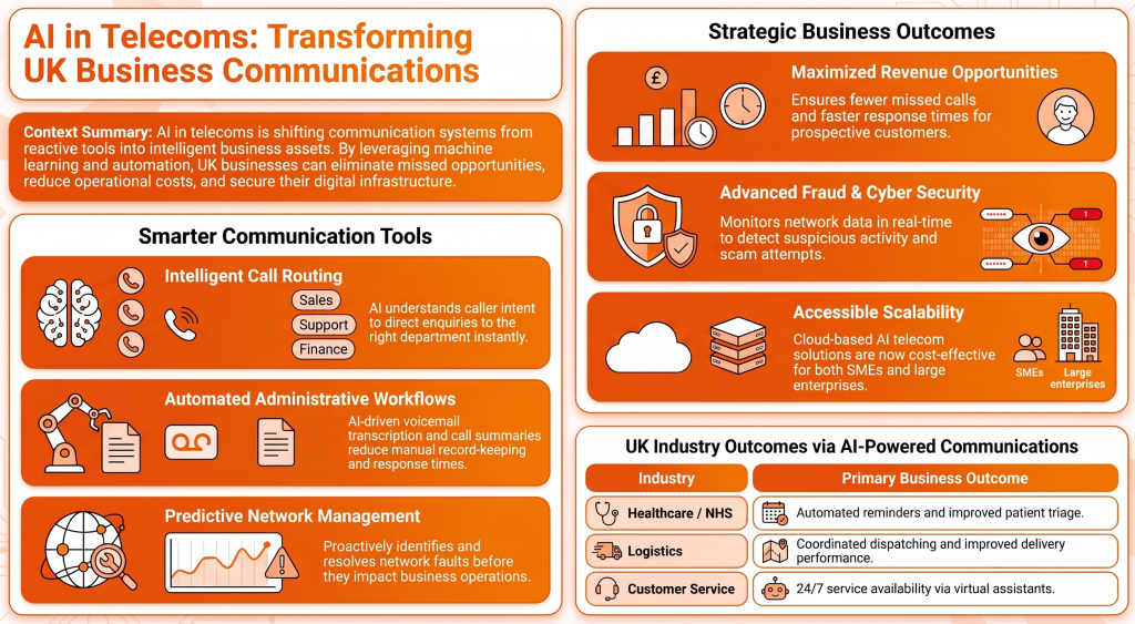 An infographic titled "AI in Telecoms: Transforming UK Business Communications" presented in an orange and white color scheme. The graphic is divided into sections detailing how machine learning and automation upgrade systems into intelligent assets. It highlights three "Smarter Communication Tools": Intelligent Call Routing, Automated Administrative Workflows, and Predictive Network Management. It also outlines three "Strategic Business Outcomes": Maximized Revenue Opportunities, Advanced Fraud & Cyber Security, and Accessible Scalability. A final table shows "UK Industry Outcomes" for Healthcare/NHS, Logistics, and Customer Service.