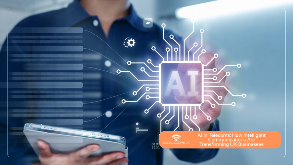 A professional digital graphic featured in the file Blog Thumbnails (13).jpg, showing a person in a navy blue shirt holding a tablet while interacting with a glowing futuristic interface. At the center is a microchip icon with the letters "AI" and circuit lines spreading outward. An orange badge in the lower-right corner includes the Social Comms UK logo and the text: "AI in Telecoms: How Intelligent Communications Are Transforming UK Businesses."
