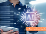 A professional digital graphic featured in the file Blog Thumbnails (13).jpg, showing a person in a navy blue shirt holding a tablet while interacting with a glowing futuristic interface. At the center is a microchip icon with the letters "AI" and circuit lines spreading outward. An orange badge in the lower-right corner includes the Social Comms UK logo and the text: "AI in Telecoms: How Intelligent Communications Are Transforming UK Businesses."