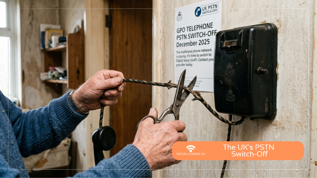 Hands cutting a vintage telephone cord with scissors next to a GPO PSTN switch-off poster and old wall connection box.