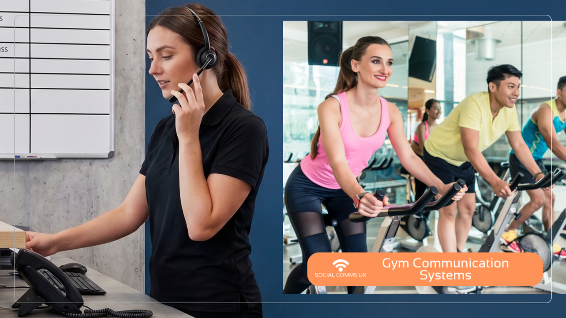 Customer service representative wearing a headset and working at a desk next to people using exercise bikes in a gym.